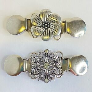 Vintage Sweater Guard Clip Silver Tone Floral Cardigan Garment Set Rhinestones